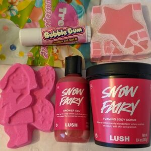 Bundle of Lush Snow Fairy products and a Bubble Gum flavored jumbo lip balm
